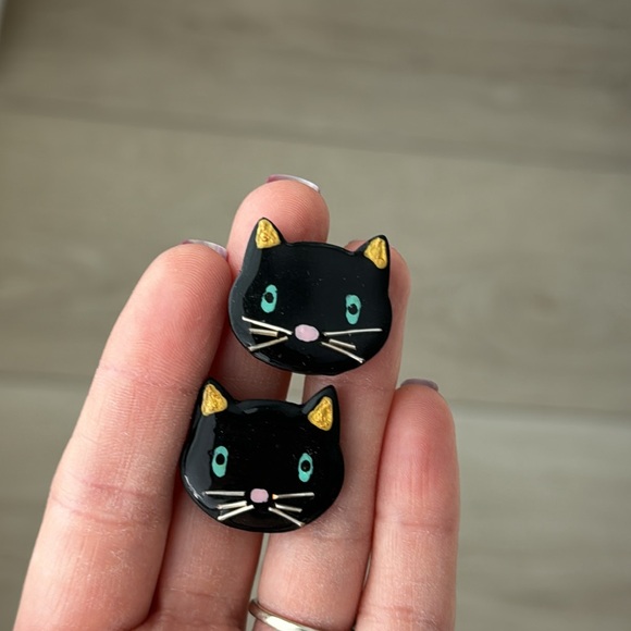 Hand Crafted Black Kitty Cat Polymer Clay Clip On Earrings By PennyClayCo - Picture 1 of 4
